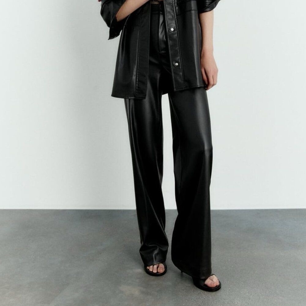 NWT Zara Full Length Faux Leather Wide Leg Pants, Pintuck Women’s Size XXL